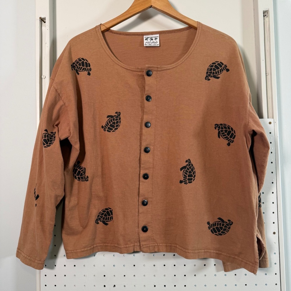 Vintage Artworks Cardigan Women's Brown Turtle Print Button Top USA Made Medium